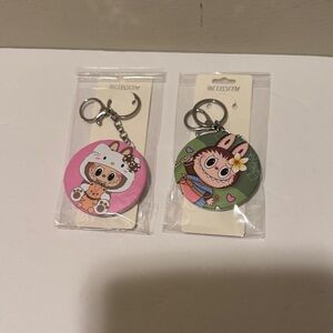 Labubu Double-Sided Mirror/Keychain/Purse Charm Bundle Set of 2 - Pink and Green